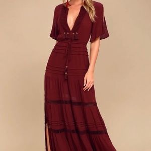 Lulus Santa Fe Sway burgundy crochet maxi dress (small)